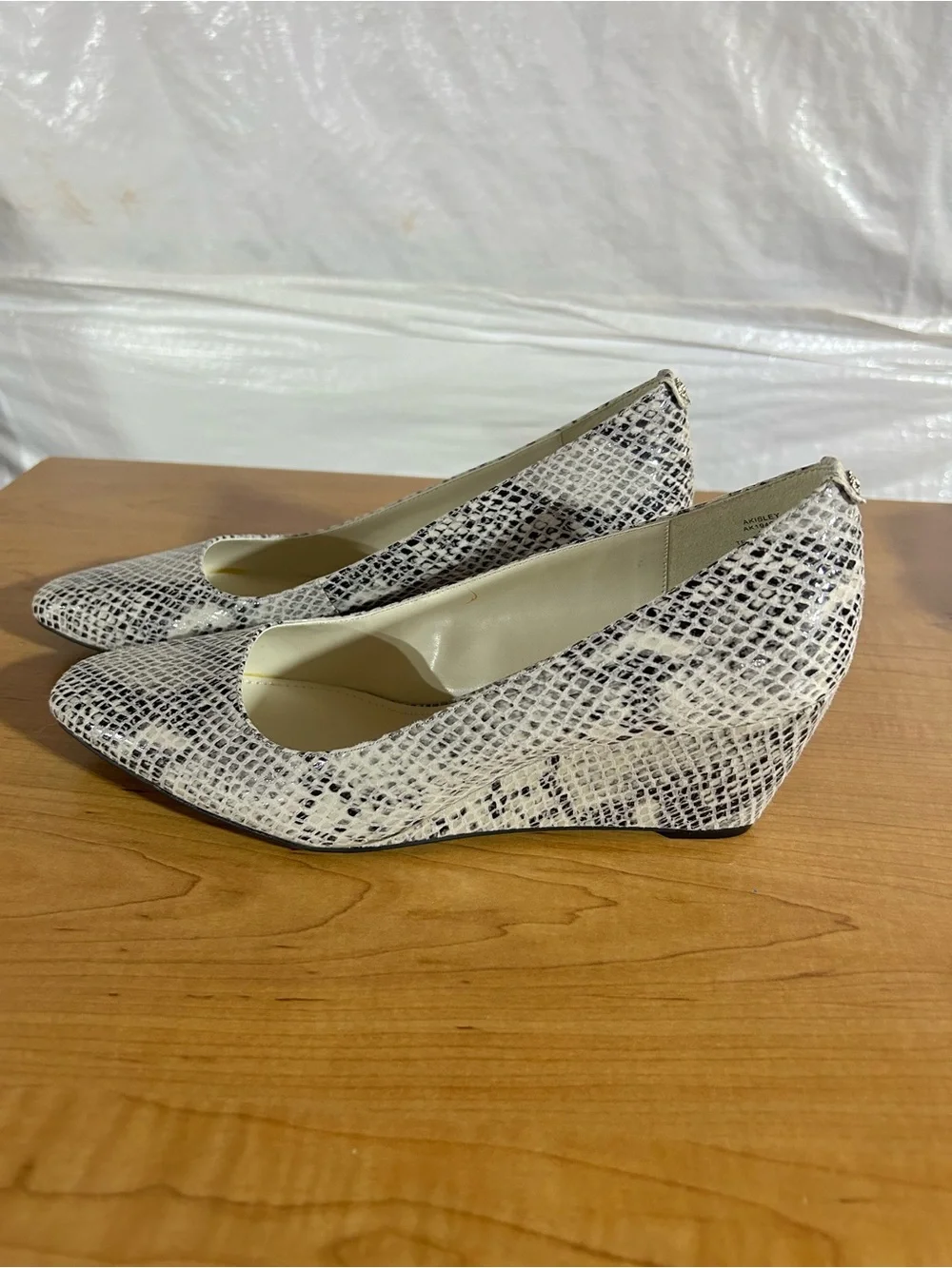 Anne Klein White and Black Snake-Print Wedge Pumps